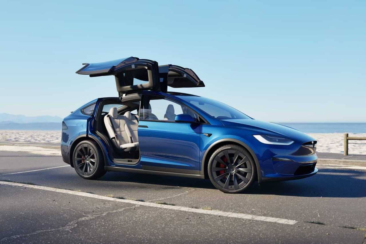 Um Tesla Model X com as portas 'asa de falcão' abertas em um parque.