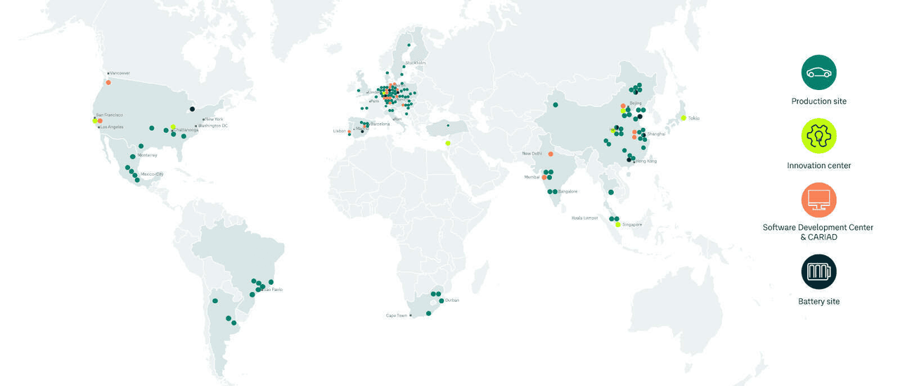 Volkswagen Global: Mapa que mostra a expansão internacional da Volkswagen, incluindo China e América do Sul.