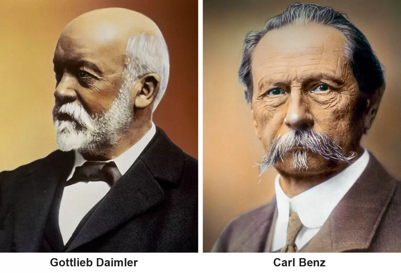 Fundadores da Mercedes-Benz, Gottlieb Daimler e Karl Benz, pioneiros no desenvolvimento do automóvel.