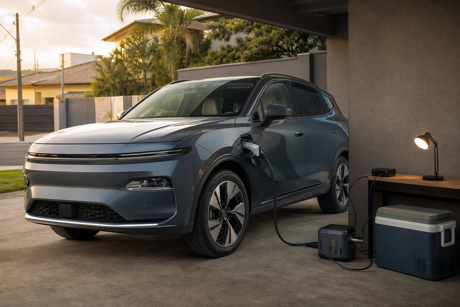 Carro eletrificado conectado a equipamentos domésticos por meio de um adaptador V2L