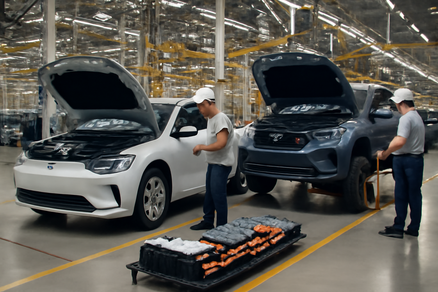 Linha de montagem com carros eletrificados e componentes de bateria em uma fábrica automotiva