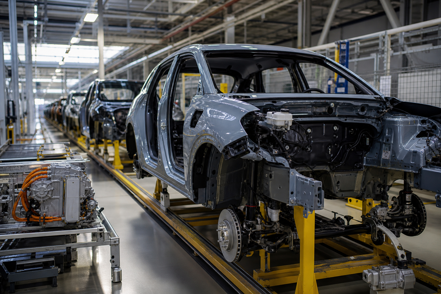 Linha de montagem com carros eletrificados e componentes de bateria em uma fábrica automotiva
