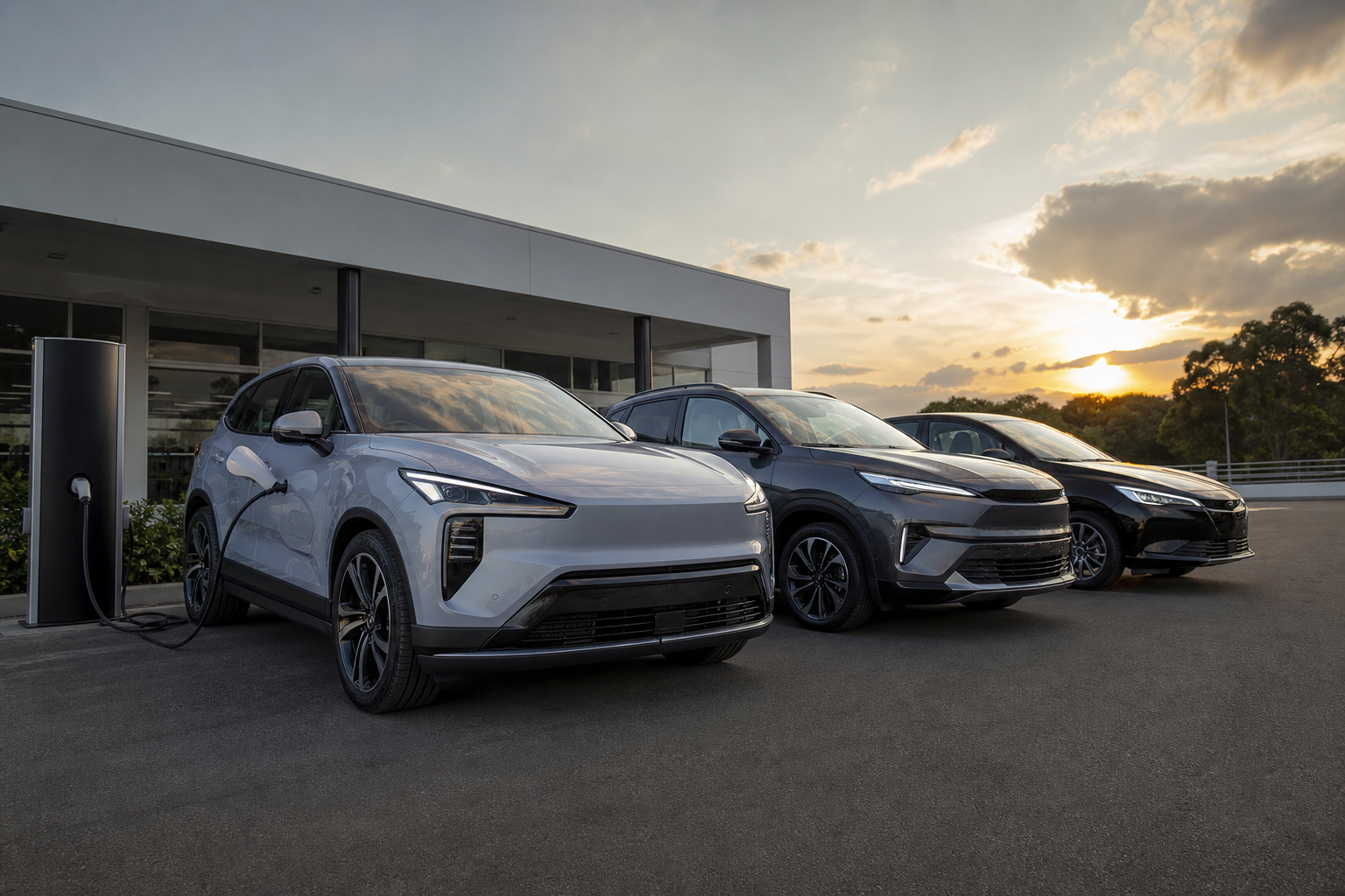 Carros elétrico, híbrido e a combustão lado a lado em concessionária brasileira