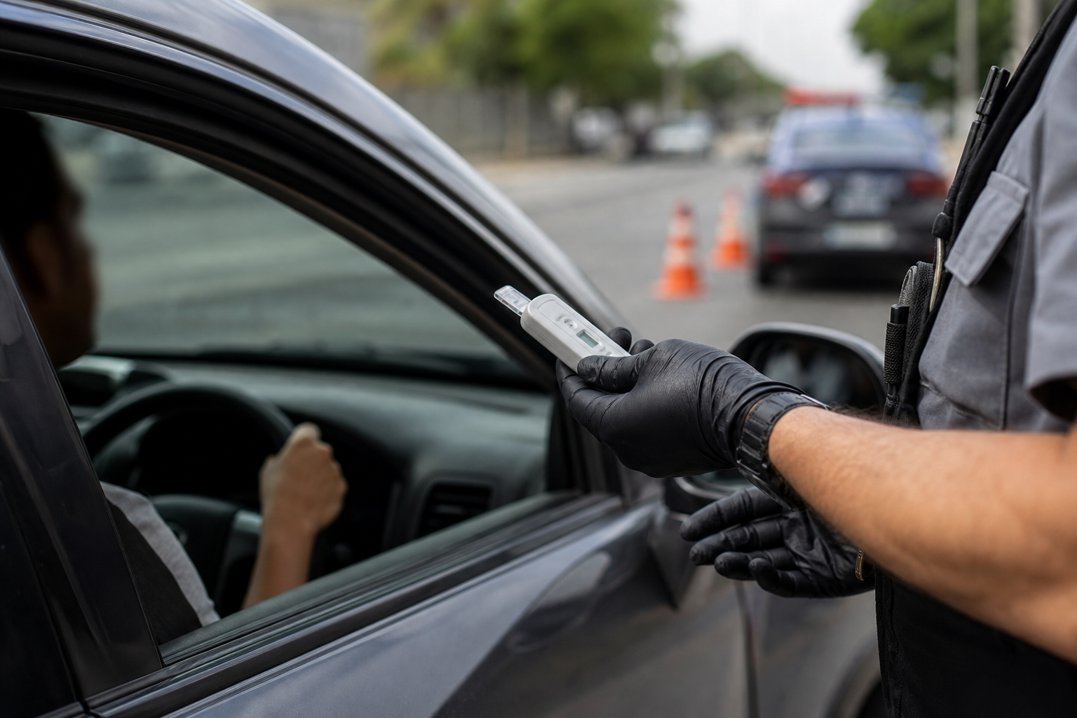 Agente de trânsito utiliza dispositivo portátil de teste durante fiscalização em uma via urbana brasileira