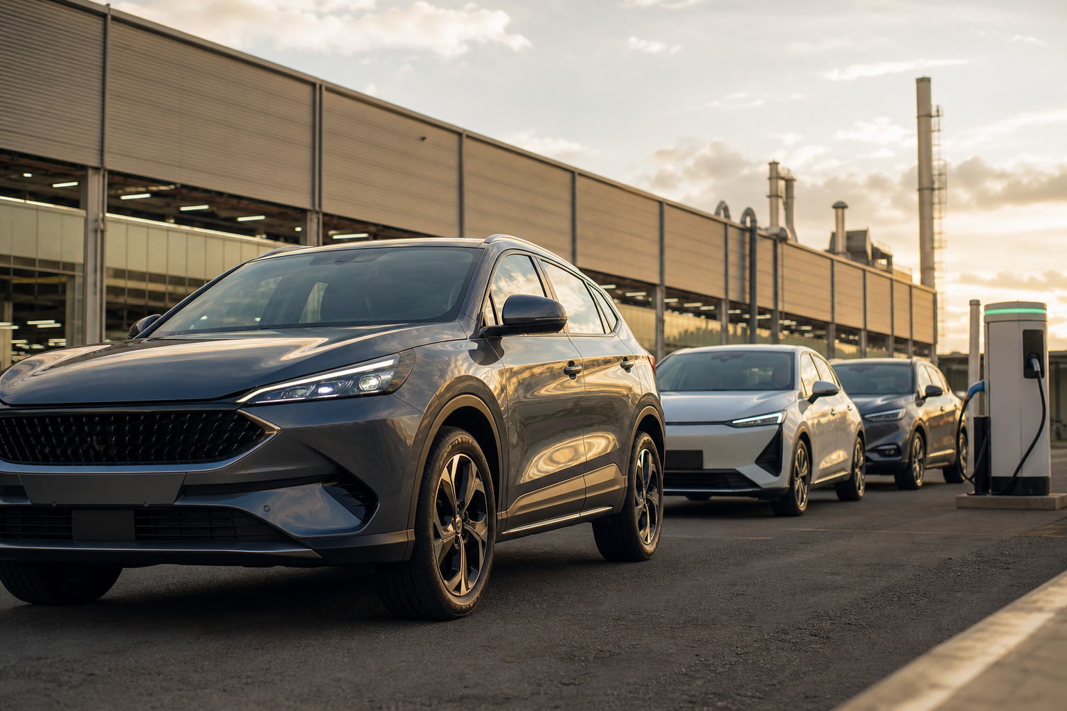 Veículos eletrificados diante de uma fábrica automotiva brasileira com pontos de recarga