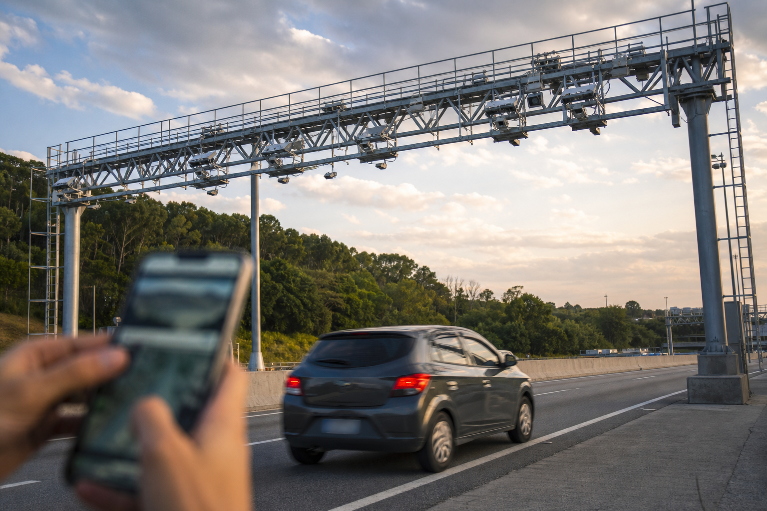 Automóvel passa por pórtico de free flow em rodovia brasileira enquanto a cobrança é consultada digitalmente