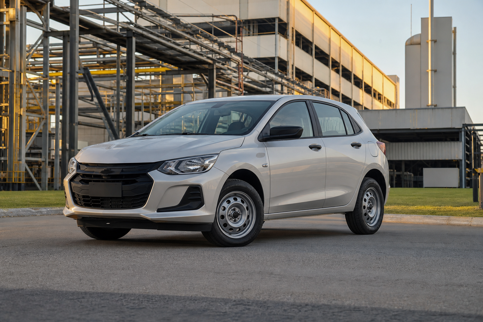 Crossover compacto Renault Kardian Vibe em área industrial, com rodas menores e visual simplificado
