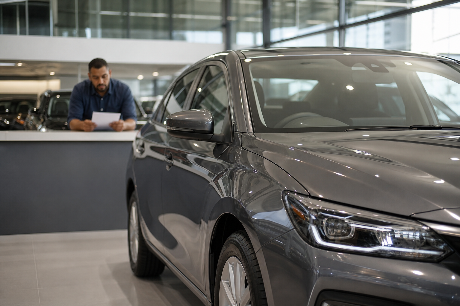 Motorista de aplicativo observa um carro novo em concessionária durante análise de financiamento