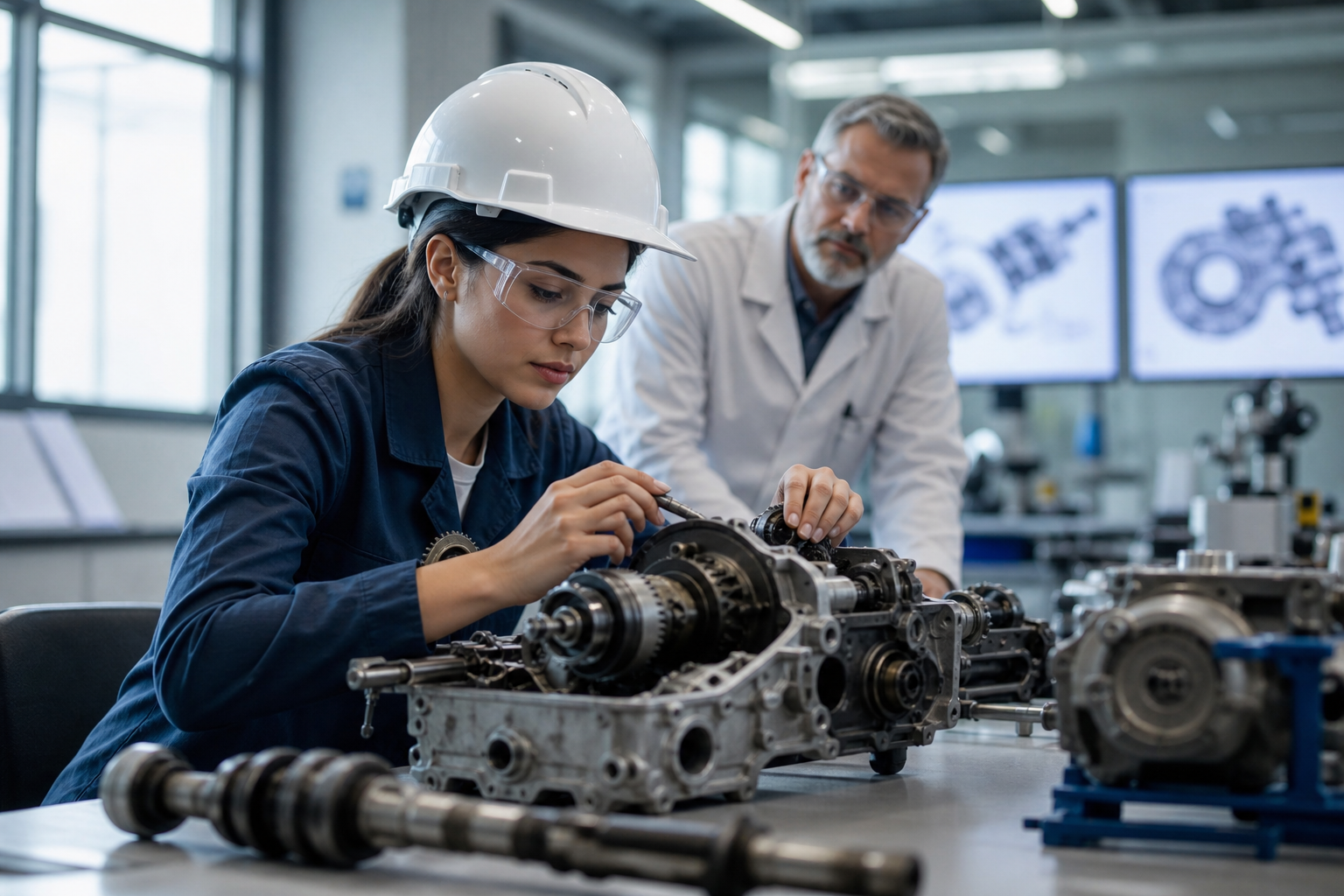 Engenheira recém-formada trabalha com componentes automotivos enquanto recebe orientação de um mentor em laboratório