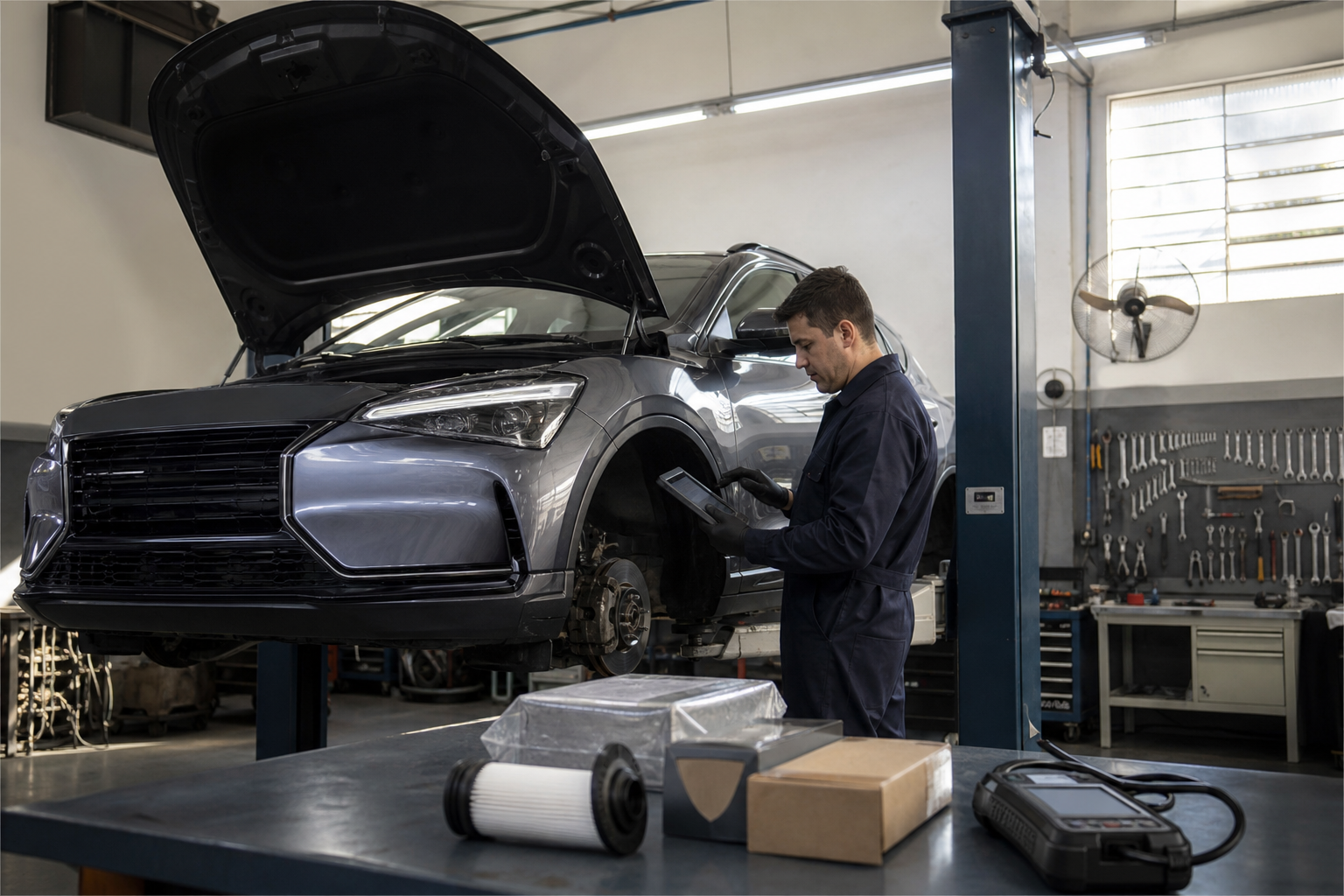 Técnico realiza diagnóstico eletrônico de carro moderno em oficina independente
