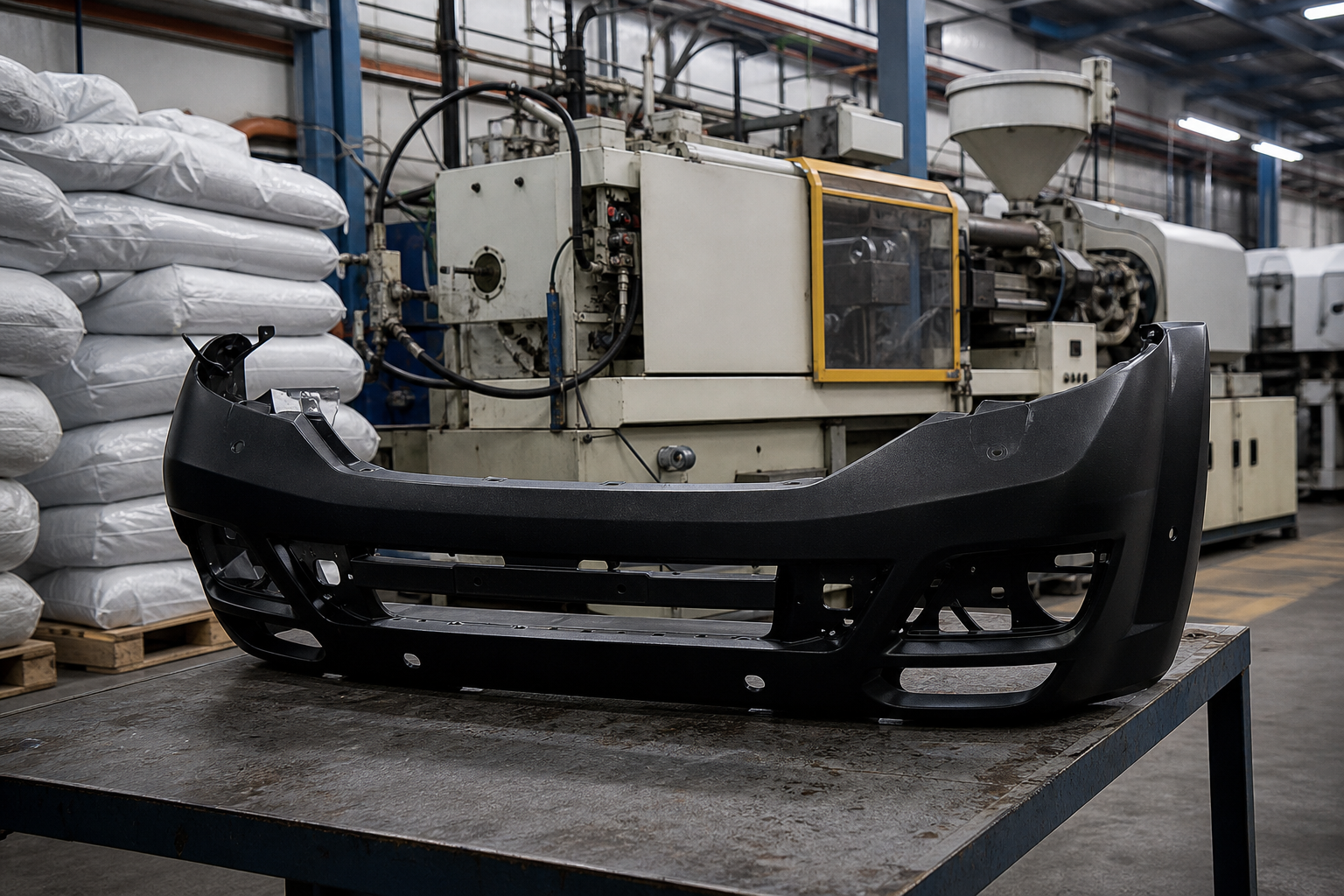 Para-choque automotivo ao lado de resina plástica em fábrica brasileira