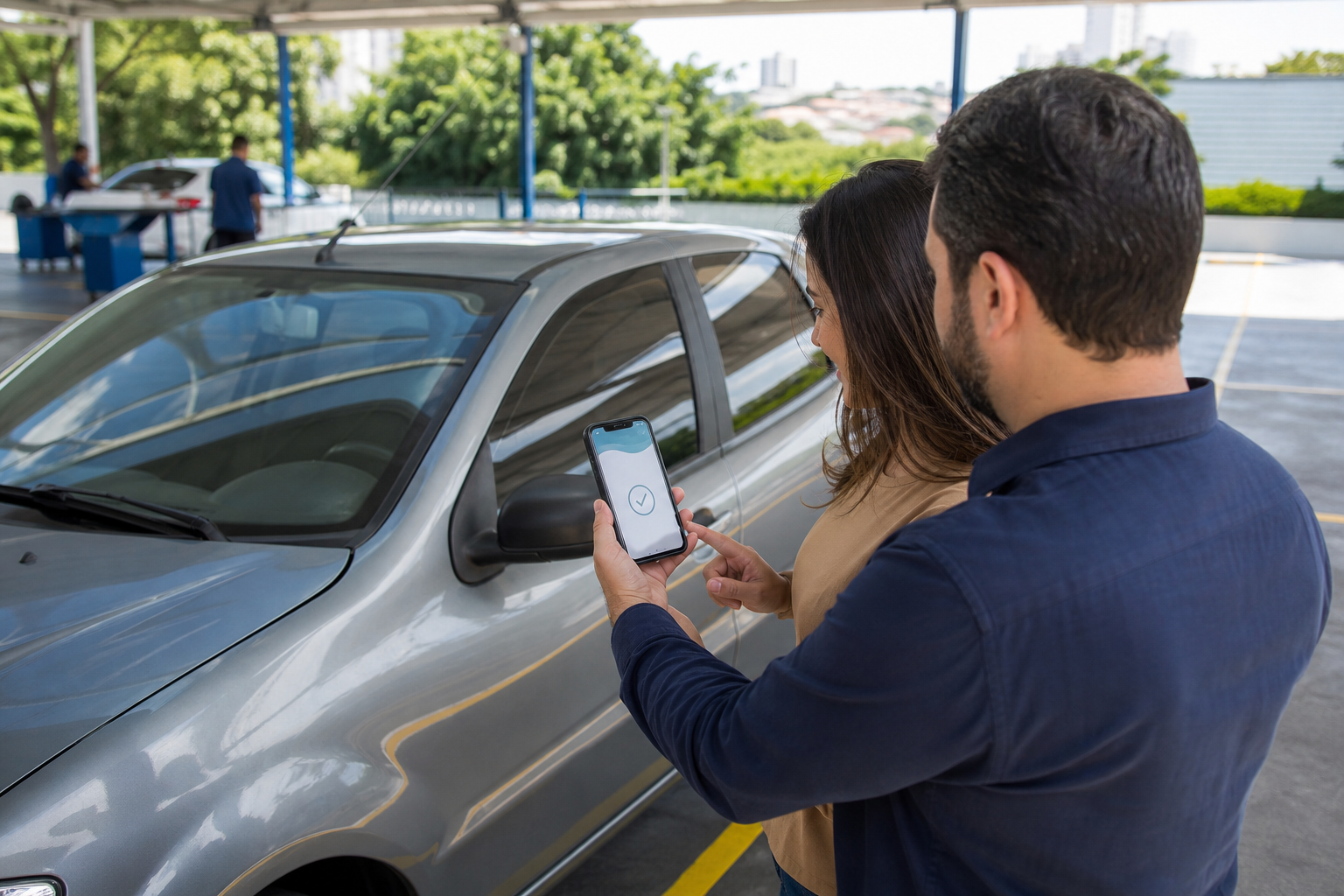 Comprador e vendedor conferem um celular ao lado de um carro usado durante vistoria